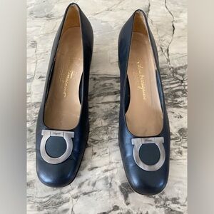 Salvatore Ferragamo Navy Heels with Silver Accent